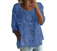 Broderie Anglaise Tops Women Gauze Cotton Linen Shirts Crew Neck 3/4 Sleeve Ladies Loose Fit Casual Boho Tops Plus Size Summer Floral Print Lightweight Flowy Tunic Blouses Tees A-Blue