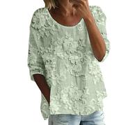 Broderie Anglaise Tops Women Gauze Cotton Linen Shirts Crew Neck 3/4 Sleeve Ladies Loose Fit Casual Boho Tops Plus Size Summer Floral Print Lightweight Flowy Tunic Blouses Tees