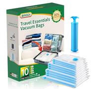 Brodi Vacuum Bags with Pump, 10 Combo Pack - Space-Saver Bags for Travel, Compression Bags for Storage, P PE Material, Zipper Closure, Multi-size (1 L, 3 M, 3 S, 3 XS, 1 Hand Pump)