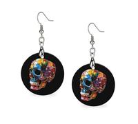 Broken Colorful Skull Round Wooden Earrings Boho Drop Pendant Fashion Gifts for Women