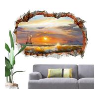 Broken Hole Wall Sticker, Sea Beach Wall Stick, Self-Adhesive Wall Painting with Broken Hole, Decorative Window Sticker with Seascape for the Living Room
