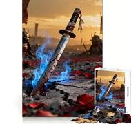 Broken Katana in Battlefield with Blue Flames Jigsaw Puzzles 1000 Pieces for Teenagers Thinking Skill Light Enjoyment Neat Edges (38x26cm)