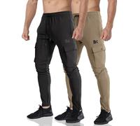 BROKIG Mens Cargo Gym Jogger Casual Work Trousers Slim Sweatpants | Stretch Cargo Pants, Elasticated Waist Tracksuit Bottoms, Tapered Sports Trousers Big Pockets, Drawstring, Uncuffed 2Pack