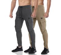 BROKIG Mens Cargo Gym Jogger Casual Work Trousers Slim Sweatpants | Stretch Cargo Pants, Elasticated Waist Tracksuit Bottoms, Tapered Sports Trousers Big Pockets, Drawstring, Uncuffed 2Pack