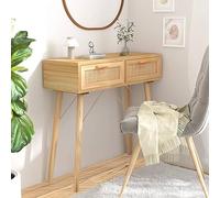 Brokky Console Table Brown 80x30x75 cm Solid Wood Pine&Natural Rattan,Console Table with Drawer,Vintage Entry Table Slim Sofa Side End Table with 2 Storage Shelves for Living Room and Hallway