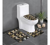 BROLEO 3-Piece Anti Slip Floor Mat Set Gold White Butterflies Black Printing Bathroom Rugs for Ultimate Comfort, Master Bathrooms