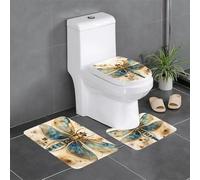 BROLEO 3-Piece Anti Slip Floor Mat Set Golden Delicate Dragonfly on Yellow Background Printing Bathroom Rugs for Ultimate Comfort, Master Bathrooms