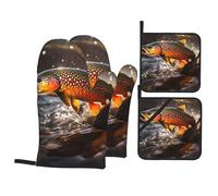 BROLEO Brook Trout Fly Fishing Printed Kitchen Baking 4-Piece Set - Insulated Oven Mitt and Pot Holders Anti-scalding and Heat Insulation
