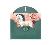 BROLEO Dark Green Greeting Card Horse in Front Flowering Trees Prints Perfect for Valentine's Day, Wedding Anniversary & Party Invitations