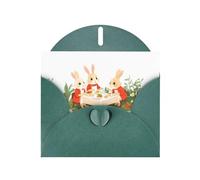 BROLEO Dark Green Greeting Card Little rabbits having dinner in the garden Prints Perfect for Valentine's Day, Wedding Anniversary & Party Invitations
