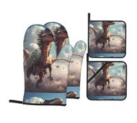 BROLEO Dinosaurs in the sky Prints Oven Mitts and Pot Holders Set of 4 Kitchen baking Thick and durable, anti-scalding and heat-insulating