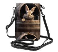 BROLEO Gray Rabbit In A Wooden Barrel Printing Small Leather Women'S Crossbody Flip Phone Bag, Waterproof And Durable