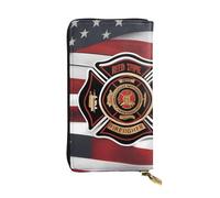 BROLEO Leather Wallet - Stylish and Durable Wallet for Women with Multiple Compartments and Zipper Design Red Stripe Firefighter USA Flag Picture, Black, One Size