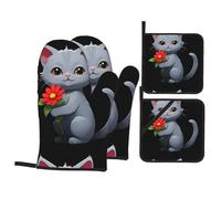 BROLEO Little gray cat holding red flower Prints Oven Mitts and Pot Holders Set of 4 Kitchen baking Thick and durable, anti-scalding and heat-insulating
