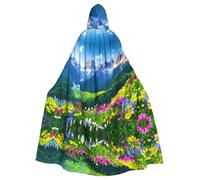 BROLEO Mountain Floral Landscape Prints Halloween Adult Hooded Cape Cloak No Zipper, Comfortable For Costume Parties