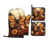 BROLEO Orange Yellow Butterfly Field Flowers Printed Kitchen Baking 4-Piece Set - Insulated Oven Mitt and Pot Holders Anti-scalding and Heat Insulation