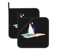 BROLEO Penguin is reading a picture book printing Square pot mat two-piece set, insulated, thickened, waterproof, easy to clean