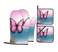 BROLEO Pink Butterfly and Sea Printed Kitchen Baking 4-Piece Set - Insulated Oven Mitt and Pot Holders Anti-scalding and Heat Insulation