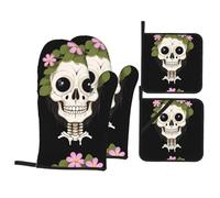 BROLEO Pink garland skull printing Kitchen baking set, oven gloves, thickened and insulated four piece suit