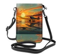 BROLEO Plane At Sunset Printing Small Leather Women'S Crossbody Flip Phone Bag, Waterproof And Durable
