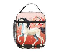 BROLEO Portable Insulated Lunch Bag Horse in Front Flowering Trees Printed Reusable Lunch Bag Durable for Men and Women Easy Carrying