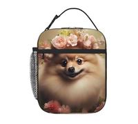 BROLEO Portable Insulated Lunch Bag Pomeranian and Flowers Picture Reusable Lunch Bag Durable for Men and Women