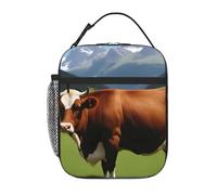 BROLEO Portable Insulated Lunch Bag Real Swiss Cow Brown Picture Reusable Lunch Bag Durable for Men and Women