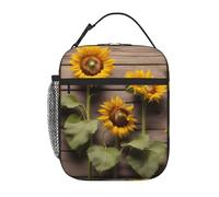 BROLEO Portable Insulated Lunch Bag Three Sunflowers on Wooden Printed Reusable Lunch Bag Durable for Men and Women Easy Carrying