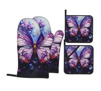 BROLEO Purple Butterfly Flowers Printed Kitchen Baking 4-Piece Set - Insulated Oven Mitt and Pot Holders Anti-scalding and Heat Insulation