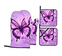 BROLEO Purple Butterfly Printed Kitchen Baking 4-Piece Set - Insulated Oven Mitt and Pot Holders Anti-scalding and Heat Insulation