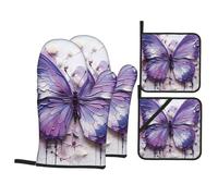 BROLEO Purple Oil Painting Butterfly Printed Kitchen Baking 4-Piece Set - Insulated Oven Mitt and Pot Holders Anti-scalding and Heat Insulation