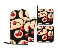 BROLEO Red cherry on cookies Prints Oven Mitts and Pot Holders Set of 4 Kitchen baking Thick and durable, anti-scalding and heat-insulating