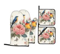 BROLEO Romantic Fancy Floral Birds Butterfly Printed Kitchen Baking 4-Piece Set - Insulated Oven Mitt and Pot Holders Anti-scalding and Heat Insulation
