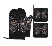 BROLEO Science Butterfly Printed Kitchen Baking 4-Piece Set - Insulated Oven Mitt and Pot Holders Anti-scalding and Heat Insulation