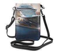 BROLEO Small Cell Phone Purse 7.6x4.9in Cool Cruise Ship Prints Leather Crossbody Flap Phone Case For Women, Perfect For Walking, Camping Black