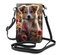 BROLEO Small Cell Phone Purse 7.6x4.9in Dogs And Roses Prints Leather Crossbody Flap Phone Case For Women, Perfect For Walking, Camping