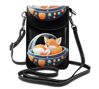 BROLEO Small Cell Phone Purse 7.6x4.9in Little Fox Sleeping On The Spaceship Prints Leather Crossbody Flap Phone Case For Women, Perfect For Walking, Camping