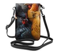 BROLEO Small Cell Phone Purse 7.6x4.9in Roosters Dressed In Many Colors Prints Leather Crossbody Flap Phone Case For Women, Perfect For Walking, Camping Black