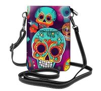 BROLEO Small Cell Phone Purse 7.6x4.9in Sugar Skulls Print Prints Leather Crossbody Flap Phone Case For Women, Perfect For Walking, Camping