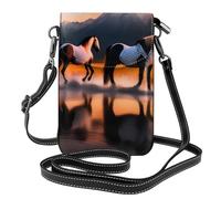 BROLEO Small Cell Phone Purse 7.6x4.9in Sunsets Lake Horses Prints Leather Crossbody Flap Phone Case For Women, Perfect For Walking, Camping
