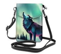 BROLEO Small Cell Phone Purse 7.6x4.9in Wolves Howl In The Northern Lights Prints Leather Crossbody Flap Phone Case For Women, Perfect For Walking, Camping