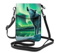 BROLEO Small Cell Phone Purse 7.6x4.9in Wolves Howl In The Northern Lights Prints Leather Crossbody Flap Phone Case For Women, Perfect For Walking, Camping