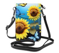 BROLEO Small Cell Phone Purse 7.6x4.9in Yellow Sunflowers With Blue Butterflies Prints Leather Crossbody Flap Phone Case For Women, Perfect For Walking, Camping