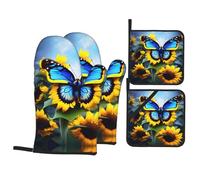 BROLEO Sunflower Blue Butterfly Printed Kitchen Baking 4-Piece Set - Insulated Oven Mitt and Pot Holders Anti-scalding and Heat Insulation