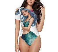 BROLEO Women'S Elastic Onesie Soften Crew Neck Short Sleeves Tight Fit Mermaid Tail Picture, Black, Small