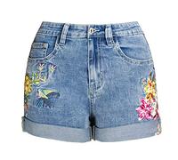 BrOleo Women's Shorts,Women's Denim Shorts Floral Embroidery Roll Up Hem Denim Pants Short Hot Pants Summer Stretchy Jeans Shorts Vintage Casual Washed Denim Shorts with Patchwork Pockets,S