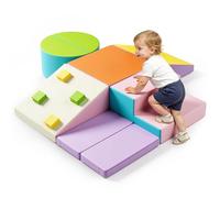 Brolteja Baby Foam Building Blocks, Soft Play Set for Toddlers 1-3, Baby Climbing Playground Set with Slide, Large Building Blocks for Toddlers (Leather cover- macaroon color-7pcs)