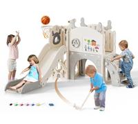 Brolteja Thickened & Widened Toddler Slide, Elk Theme Toddler Slide with Basketball Hoop, Garden Slide, Toddlers Climber, Freestanding Slide Playset for Age1-3 In/Outdoor (Gray-6 in 1)