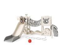 Brolteja Toddler Slide,Elk Theme Toddler Slide with Long Climbing Bridge Corridor,Golf Set,basketball Hoop, Climbing Frames,Baby Slide for Toddlers 1-3 Years Old,In&Outdoor Use (Beige Grey-7 in 1)