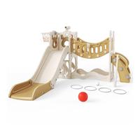 Brolteja Toddler Slide, Elk Theme Toddler Slide with Long Climbing Bridge Corridor,Golf Set, basketball Hoop, Climbing Frames, Baby Slide for Toddlers 1-3 Years Old, In&Outdoor Use (Khaki-6 in 1)